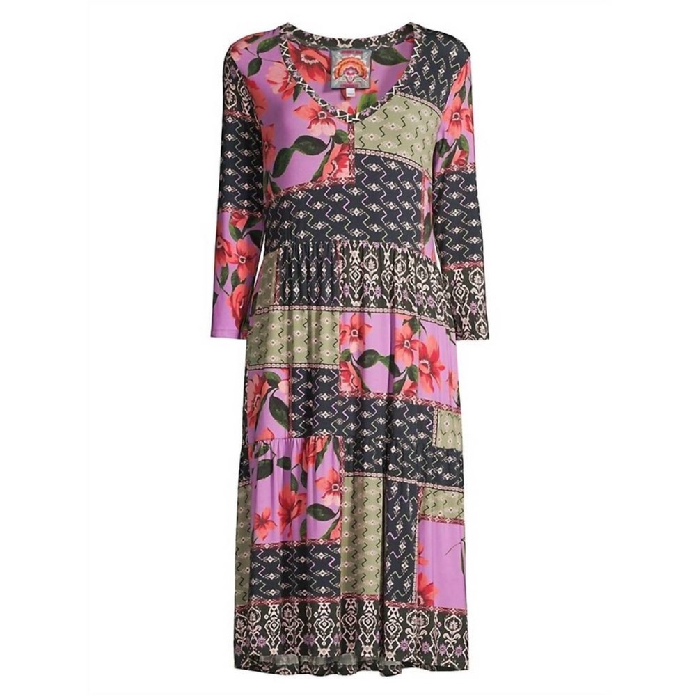 NWT JOHNNY WAS Zanda 3/4 Sleeve Tiered Tea Length Dress in Multi - Picture 4 of 7